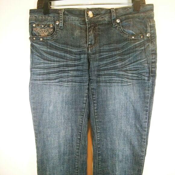 GRACE IN LA USA Bling Gems Jeweled Blue Jeans Boot Cut Pants - Picture 4 of 10